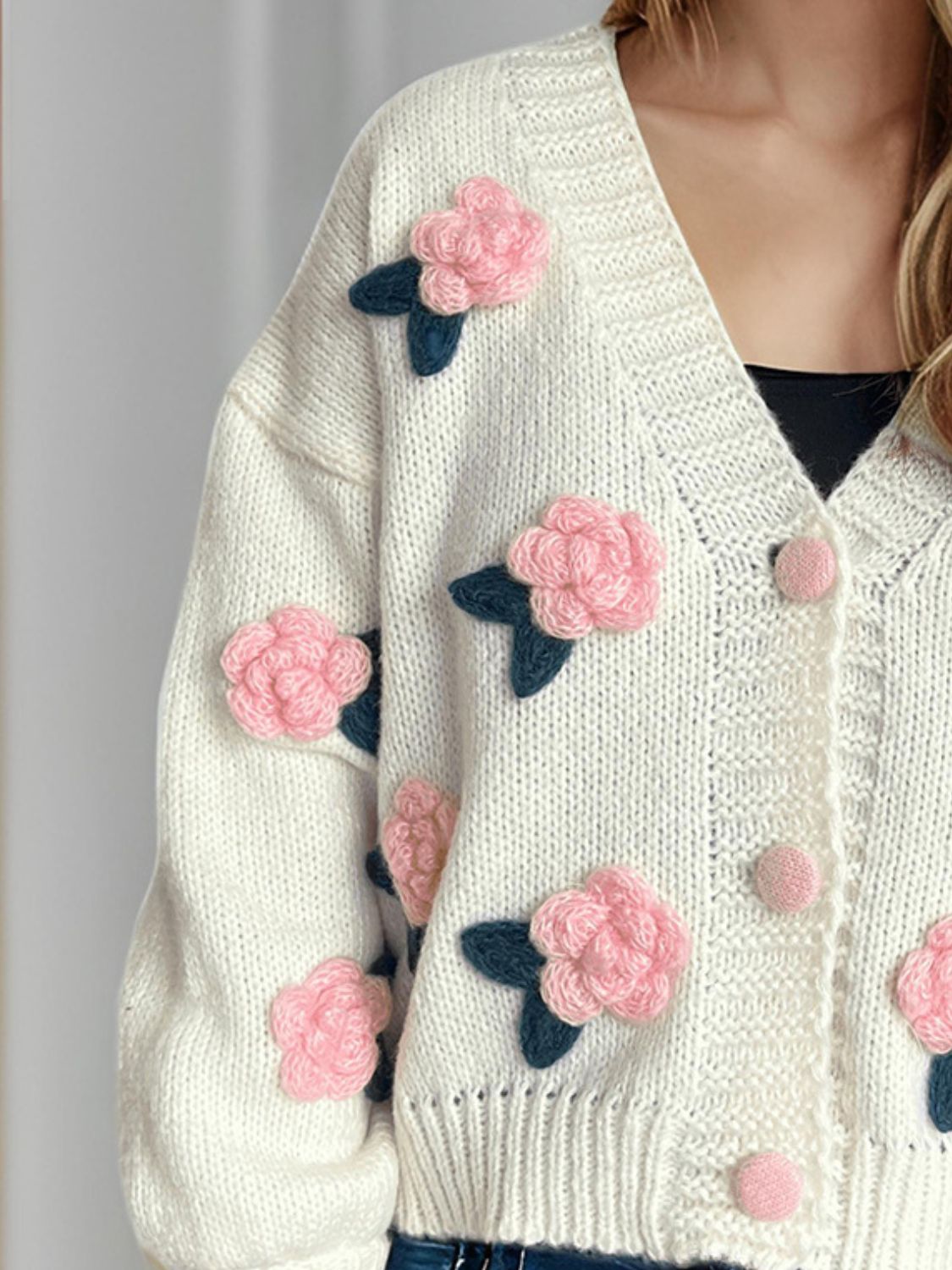 Flower Button Down V-Neck Long Sleeve Cardigan