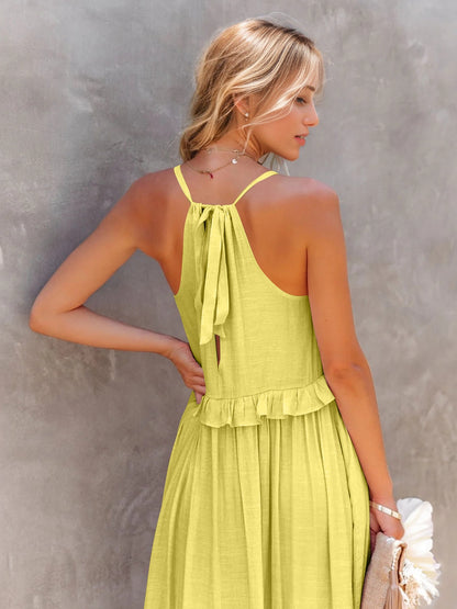 Ruffled Sleeveless Tiered Maxi Dress with Pockets