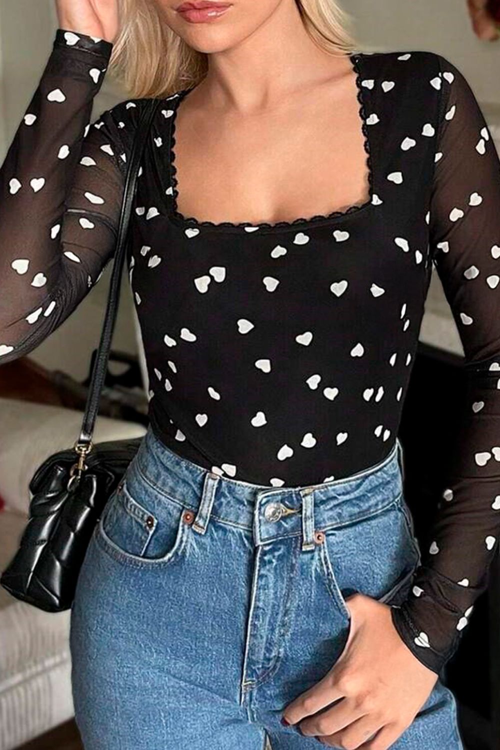 Heart Square Neck Long Sleeve Bodysuit