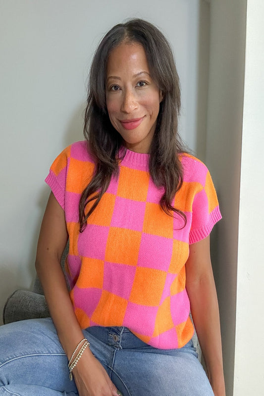 Strawberry Pink Colorblock Plaid Knit Dolman Tee