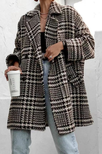 Houndstooth Collared Neck Long Sleeve Coat