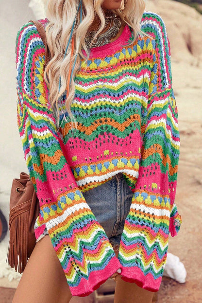 Rose Red Colorblock Striped Hollowed Knit Loose Sweater