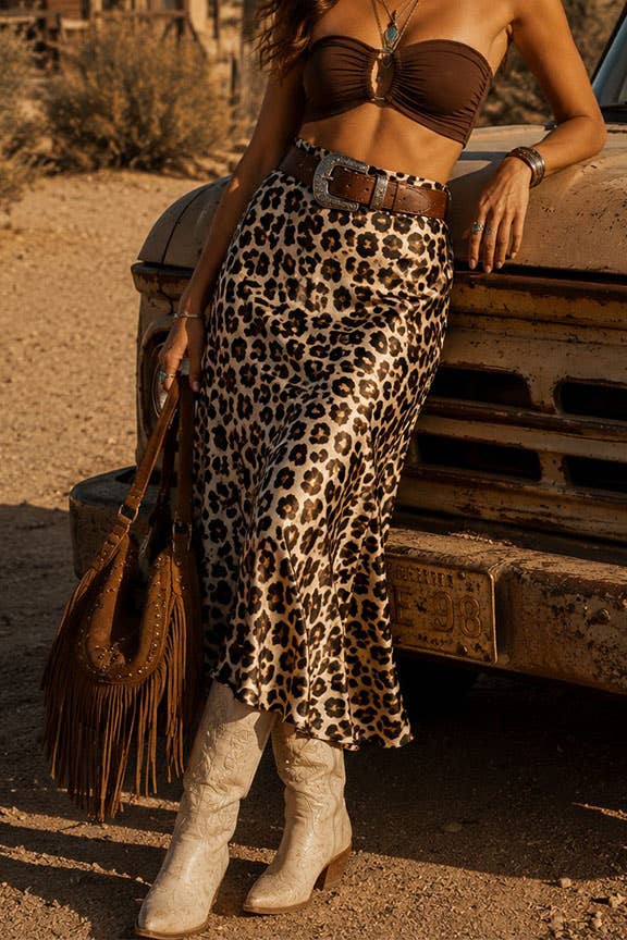 Leopard Satin Midi Skirt: Brown animal / L