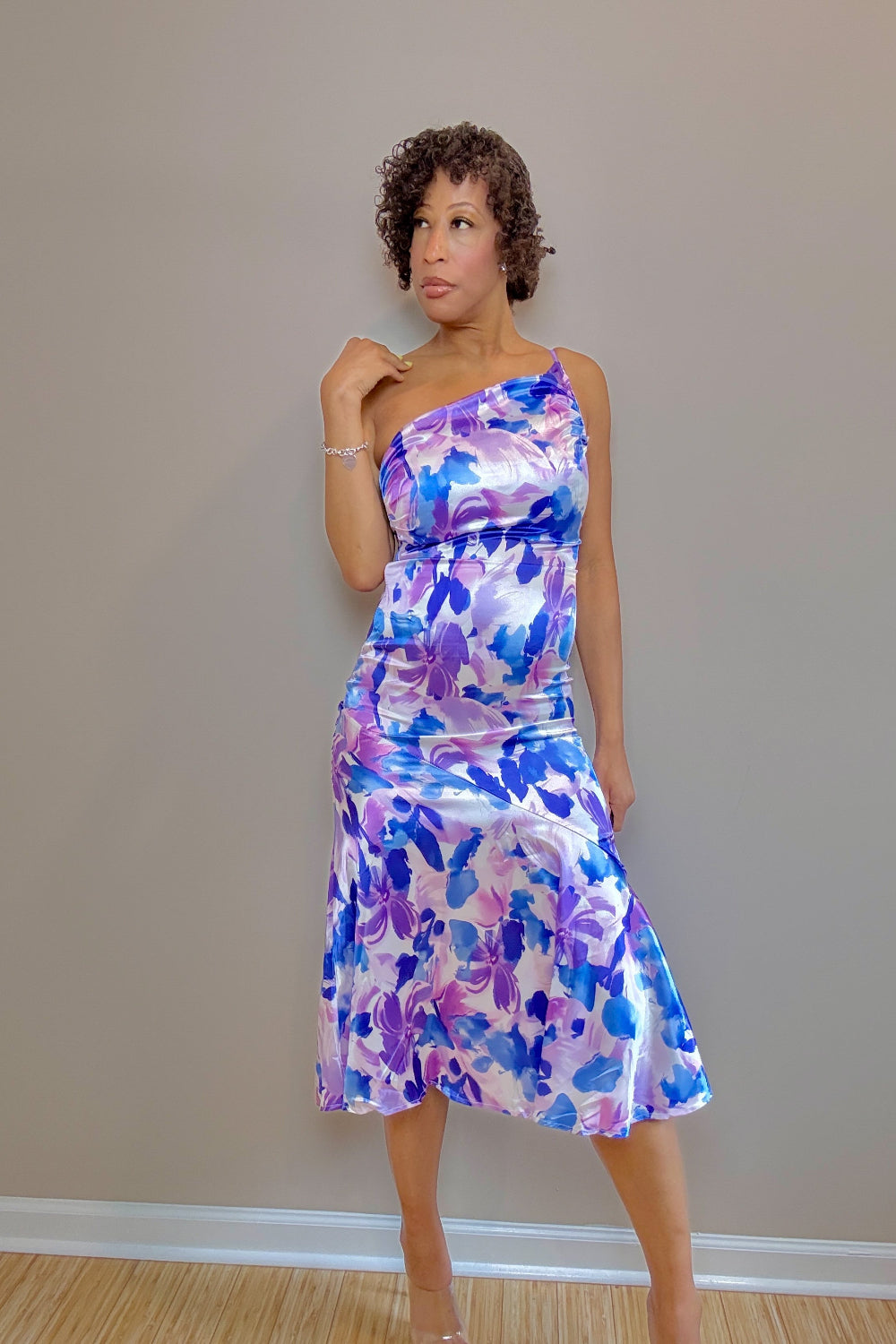 Lillian Ruched Printed Single Shoulder Midi Dress