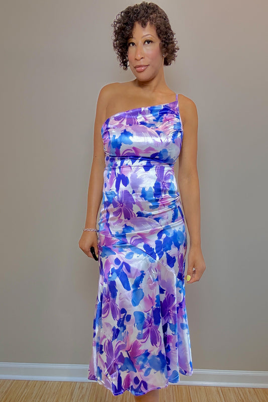 Lillian Ruched Printed Single Shoulder Midi Dress