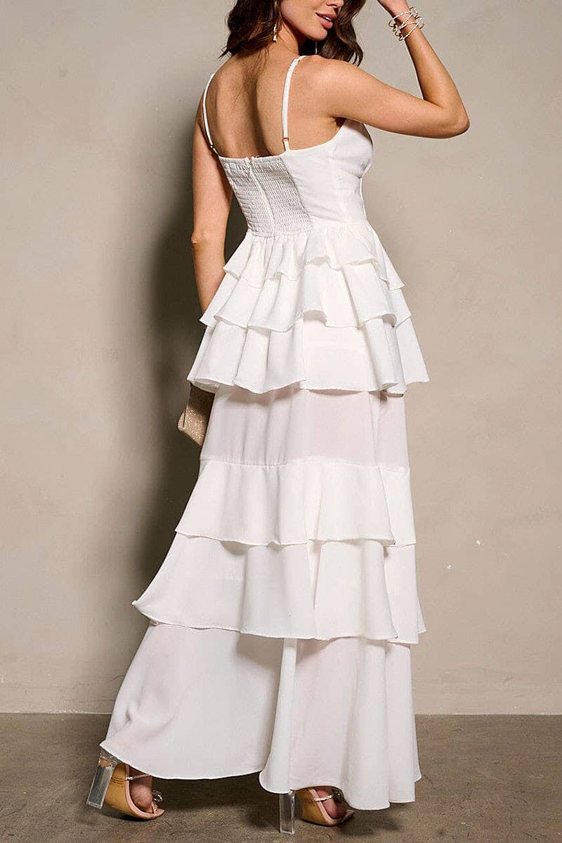 SLEEVELESS V-NECK RUFFLE TIERED MAXI DRESS: M / White