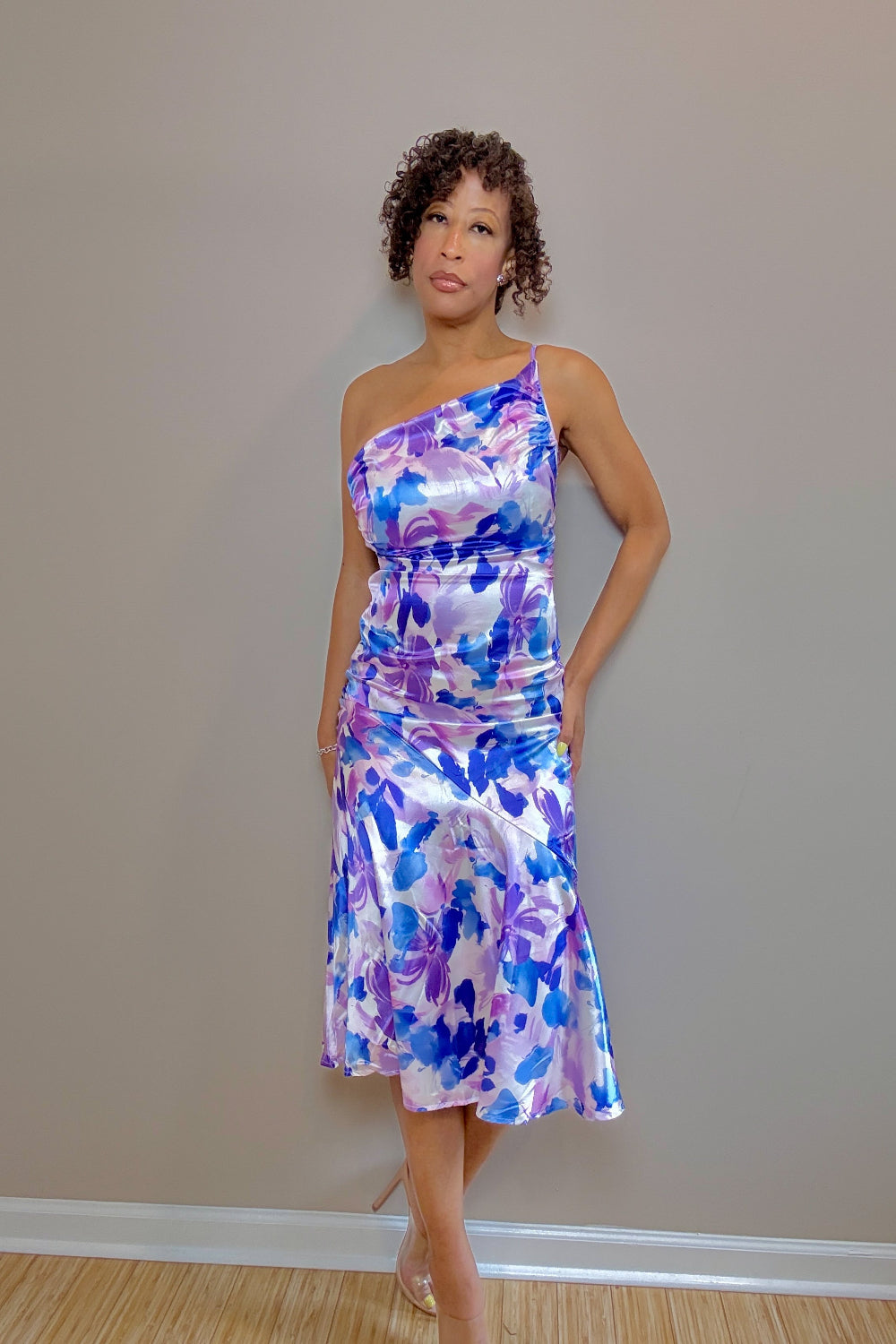 Lillian Ruched Printed Single Shoulder Midi Dress