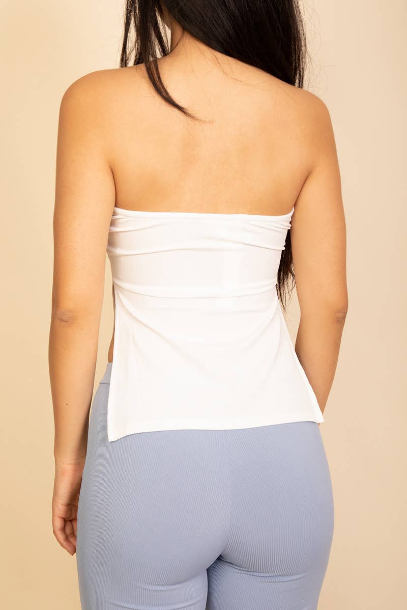 Strapless Ribbed Side-Slit Flare Top: White / S