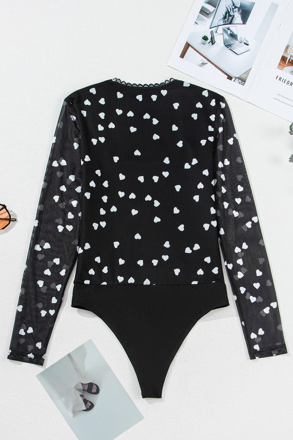 Heart Square Neck Long Sleeve Bodysuit