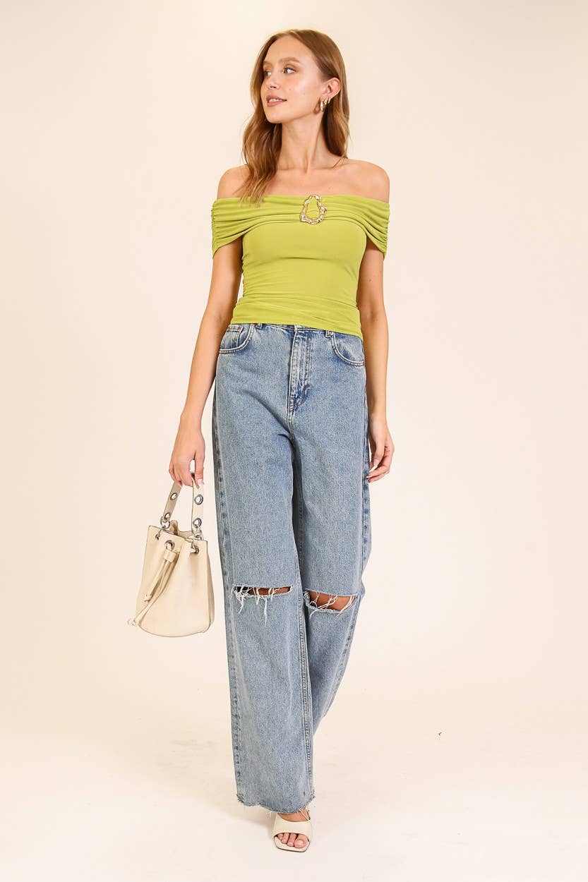 Golden Accent Off-Shoulder Top: Black / M