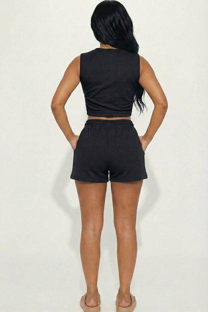Cotton French Terry Crop Top & Shorts Set: Dusty Pink / L