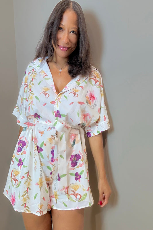 Printed Tie Waist Half Sleeve Romper