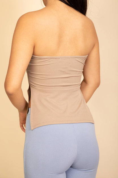 Strapless Ribbed Side-Slit Flare Top: White / M