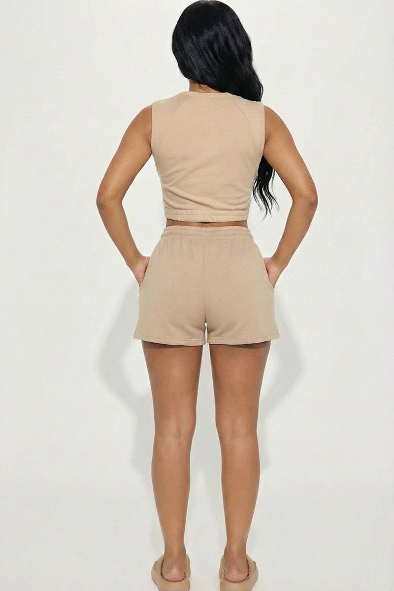 Cotton French Terry Crop Top & Shorts Set: Dusty Pink / S