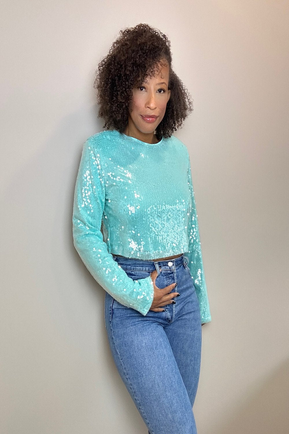 MABLE Shoulder Padded Sequin Crop Top