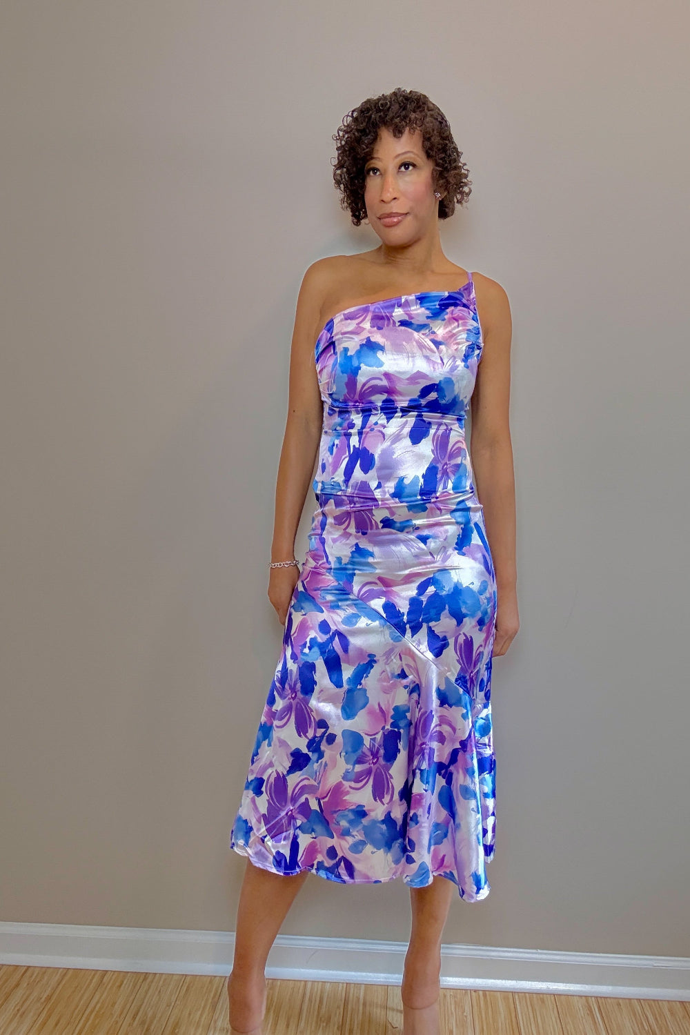 Lillian Ruched Printed Single Shoulder Midi Dress