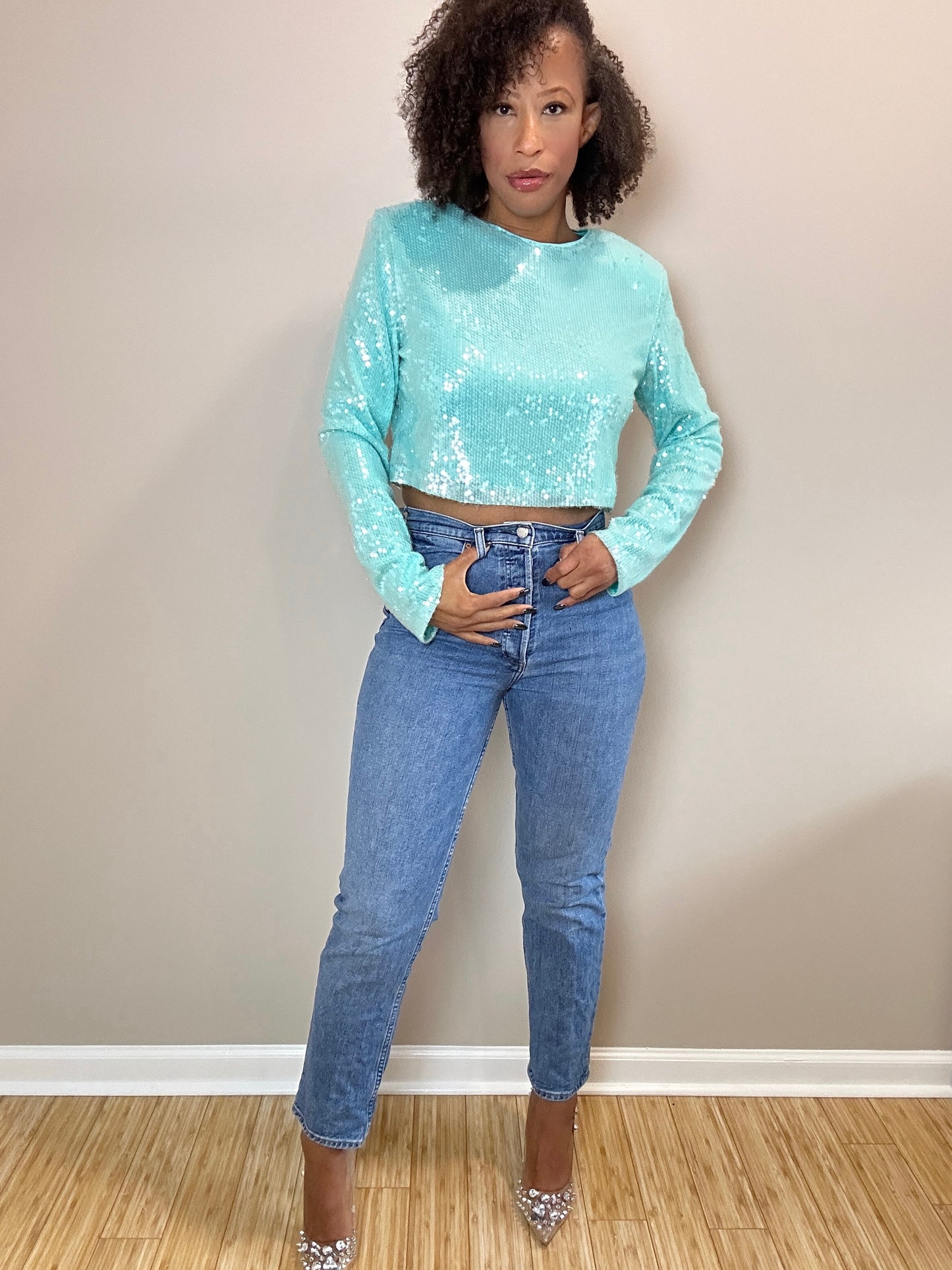 MABLE Shoulder Padded Sequin Crop Top