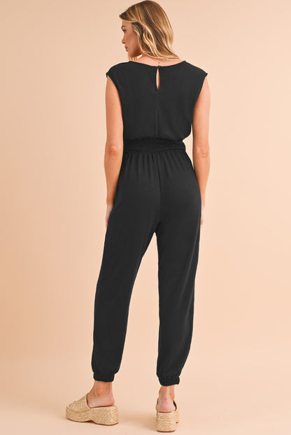 Black Shirred High Waist V Neck Sleeveless Jumpsuit