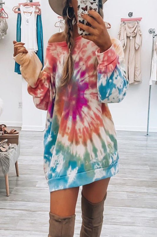 70's Baby Full Size Tie-Dye Round Neck Long Sleeve Dress