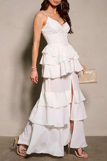 SLEEVELESS V-NECK RUFFLE TIERED MAXI DRESS: M / White