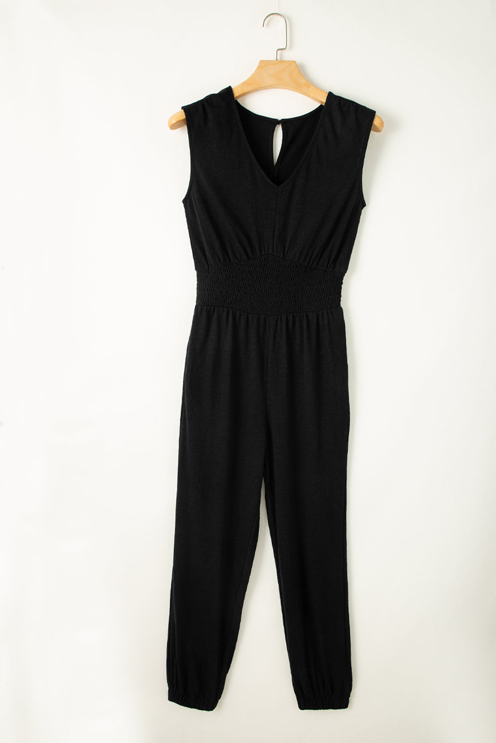 Black Shirred High Waist V Neck Sleeveless Jumpsuit