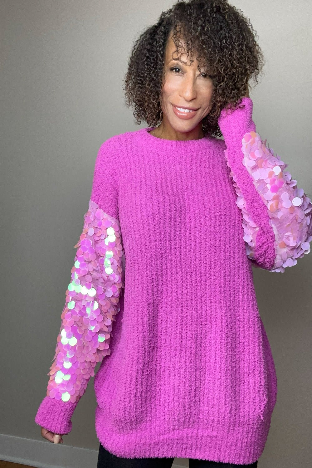 Starlight Sequin Sleeve Sweater Knit Tunic Top