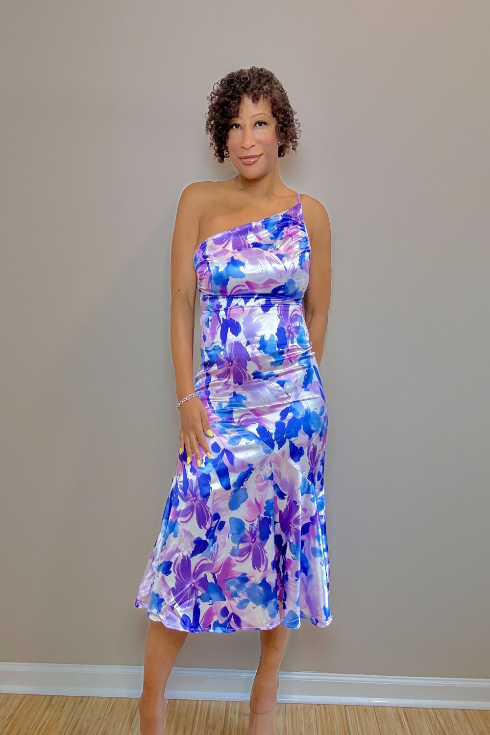 Lillian Ruched Printed Single Shoulder Midi Dress