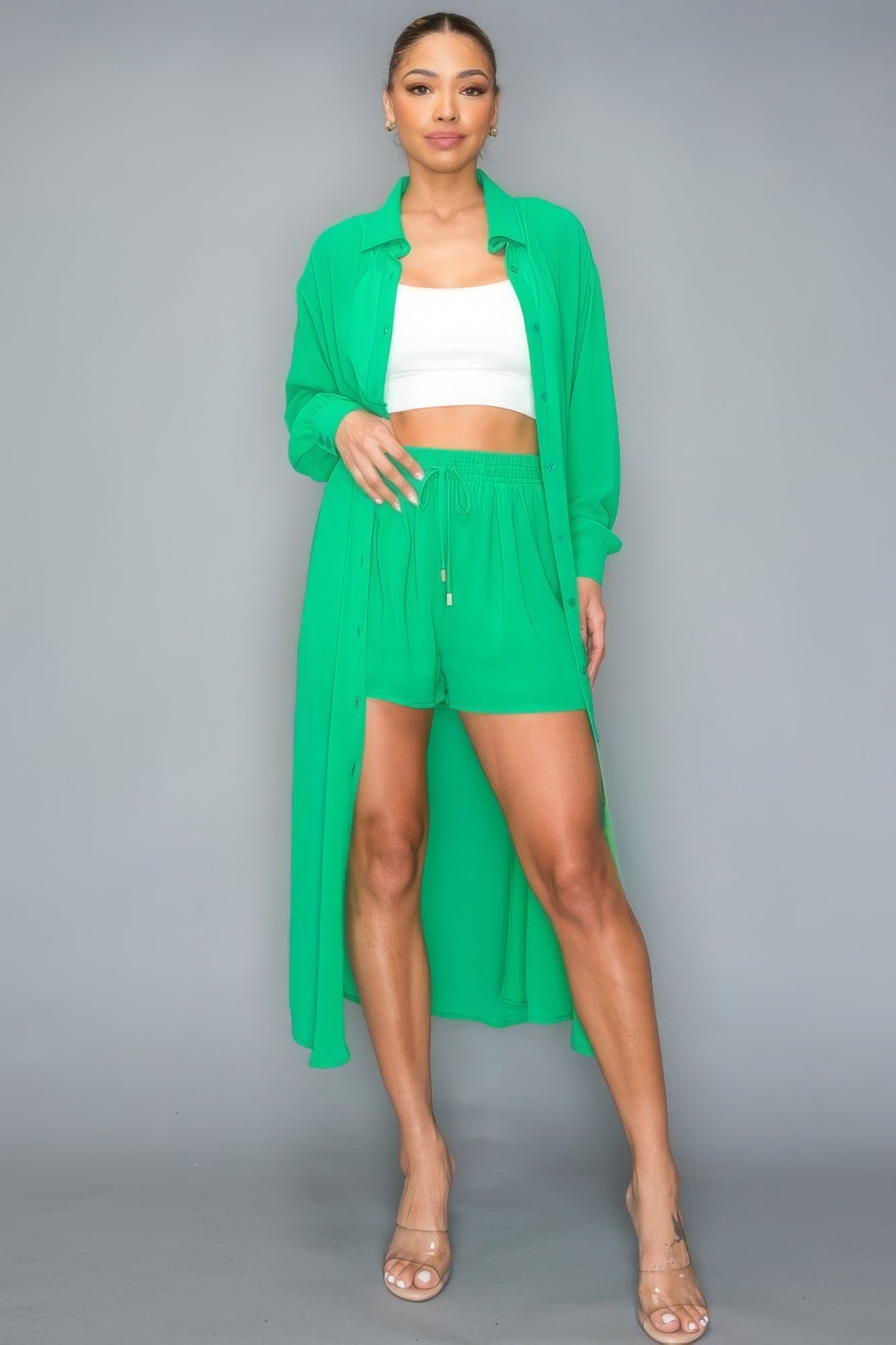 Next Level Long Sleeve Side Slit Long Top With Short Set