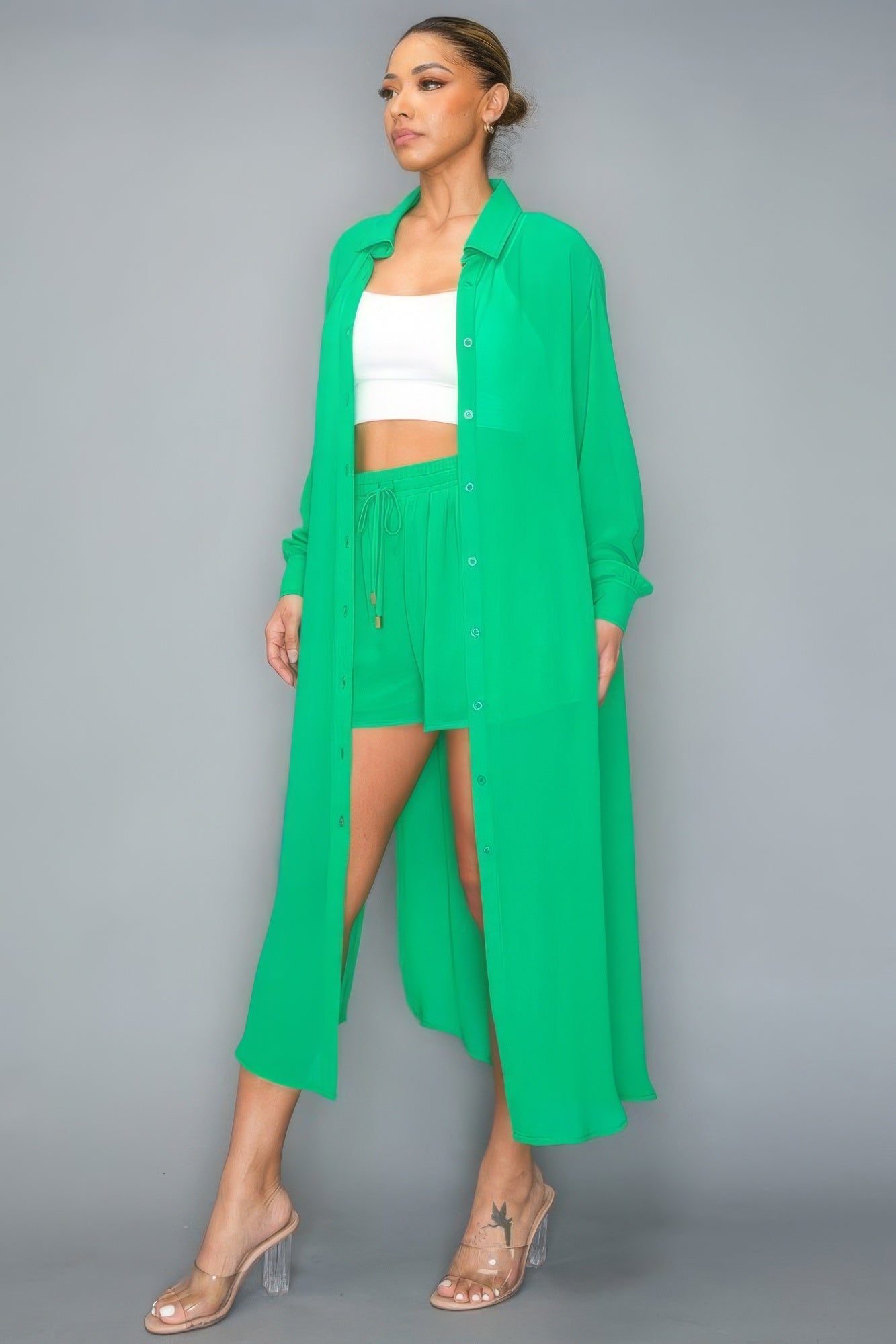 Next Level Long Sleeve Side Slit Long Top With Short Set