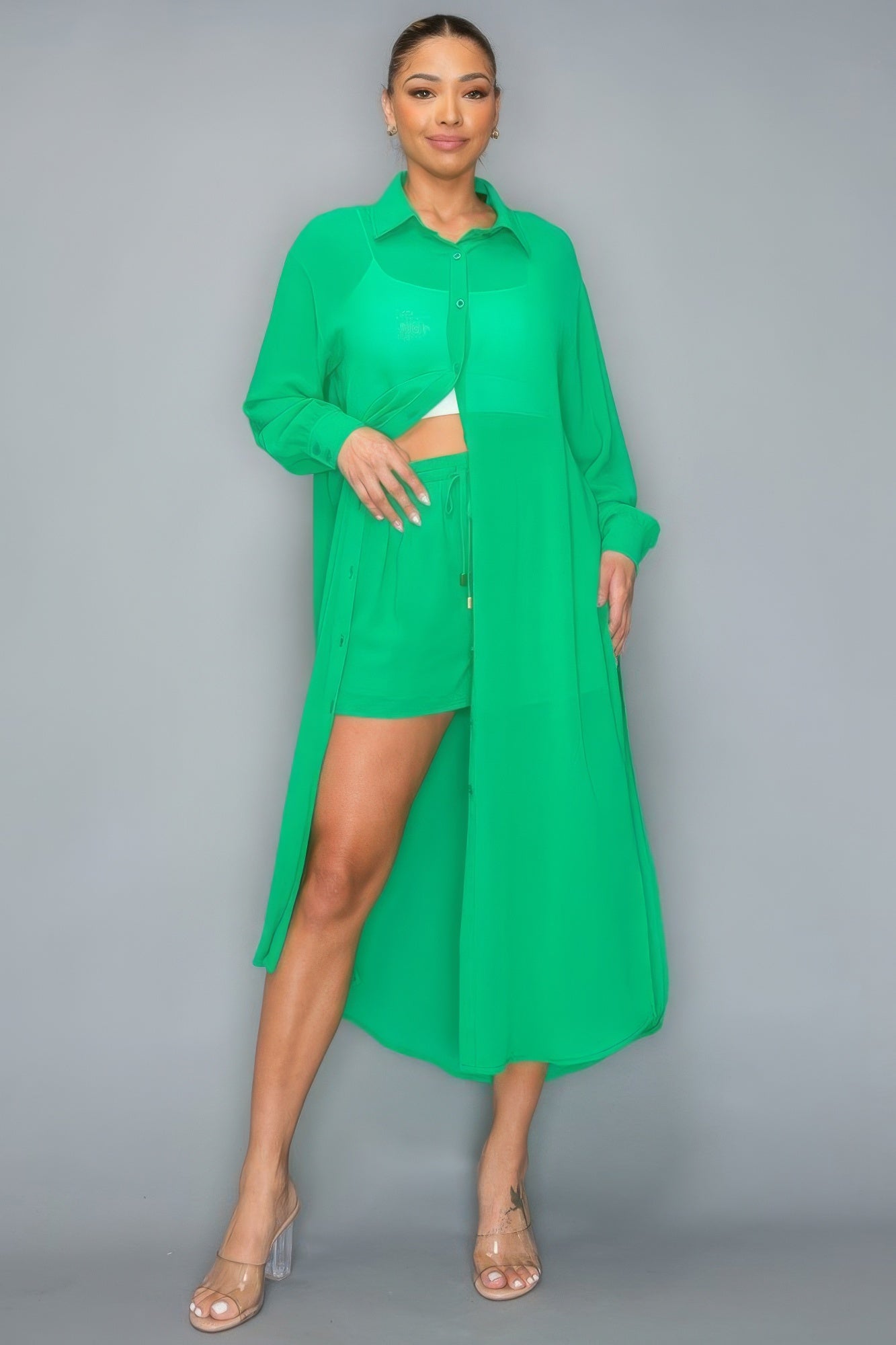 Next Level Long Sleeve Side Slit Long Top With Short Set