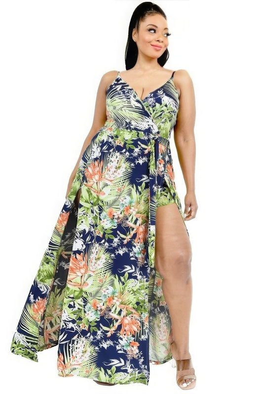 Catch Flights Plus Tropical Leaf Print Surplice Maxi Dress