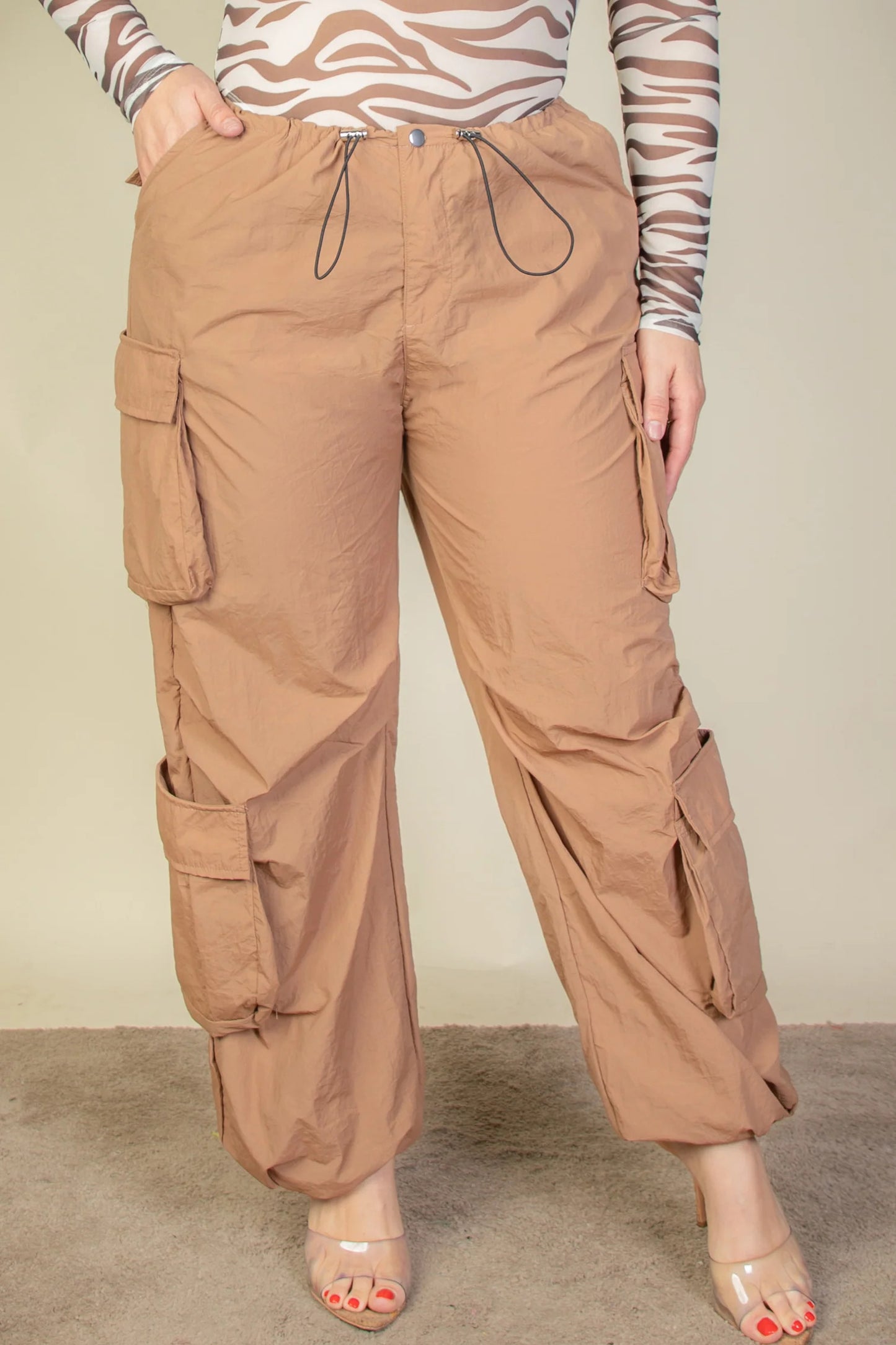 Sign Me Up Plus Size Flap Pockets Drawstring Ruched Parachute Pants