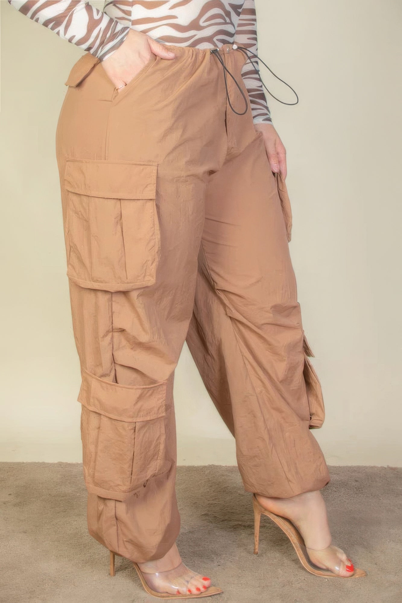 Sign Me Up Plus Size Flap Pockets Drawstring Ruched Parachute Pants