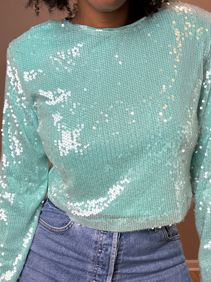 MABLE Shoulder Padded Sequin Crop Top