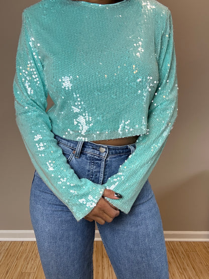 MABLE Shoulder Padded Sequin Crop Top