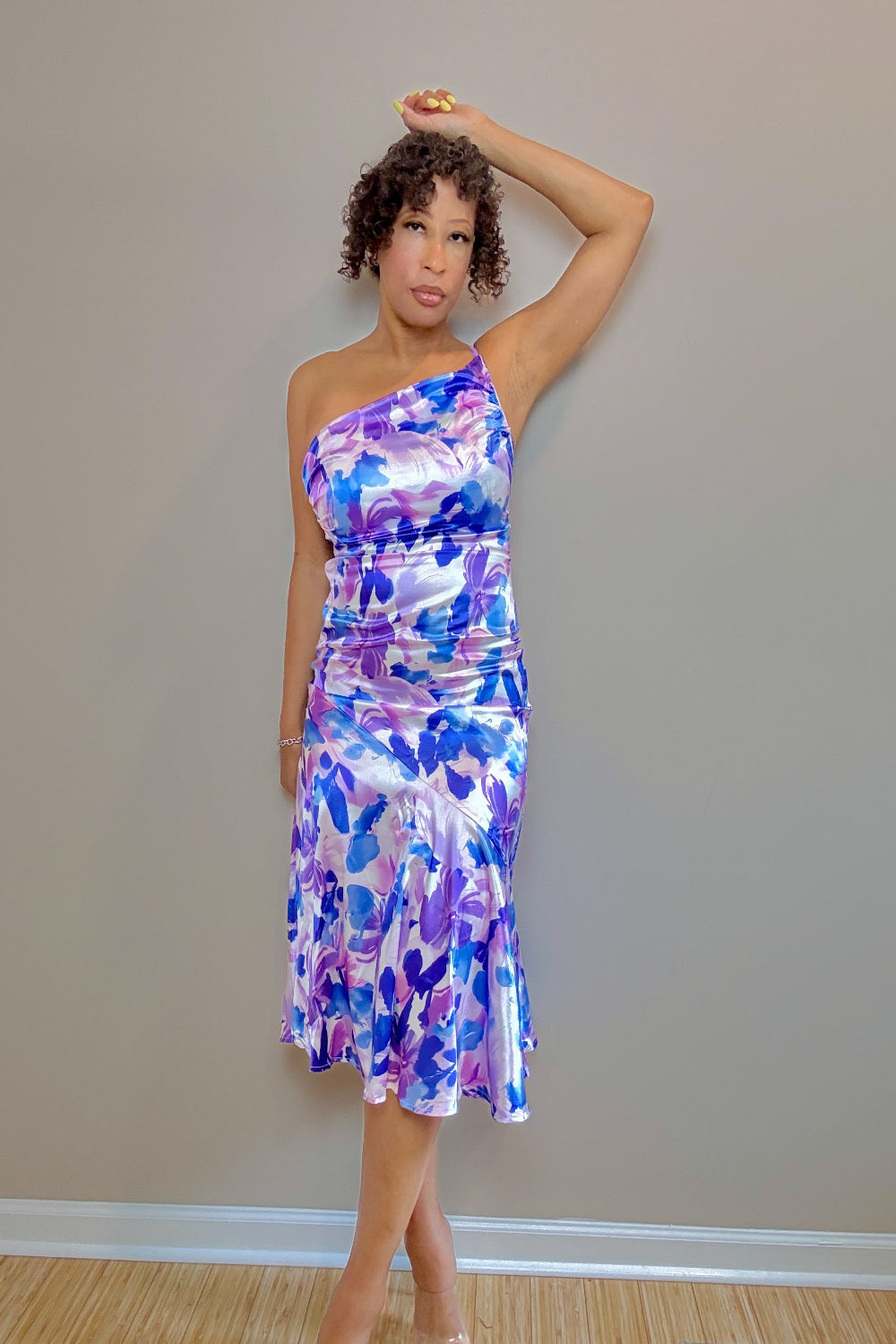 Lillian Ruched Printed Single Shoulder Midi Dress