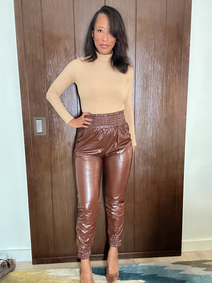 Butter n Brown Smocked High Waist Leather Skinny Pants