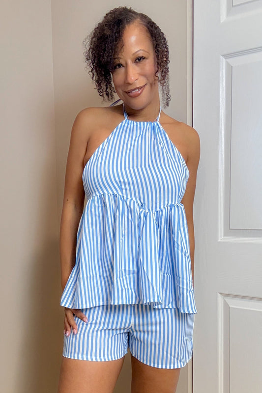 Striped Halter Neck Top and Shorts Set