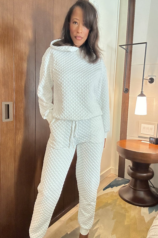 White Mocha Quilted Hoodie and Drawstring Jogger Pants Set