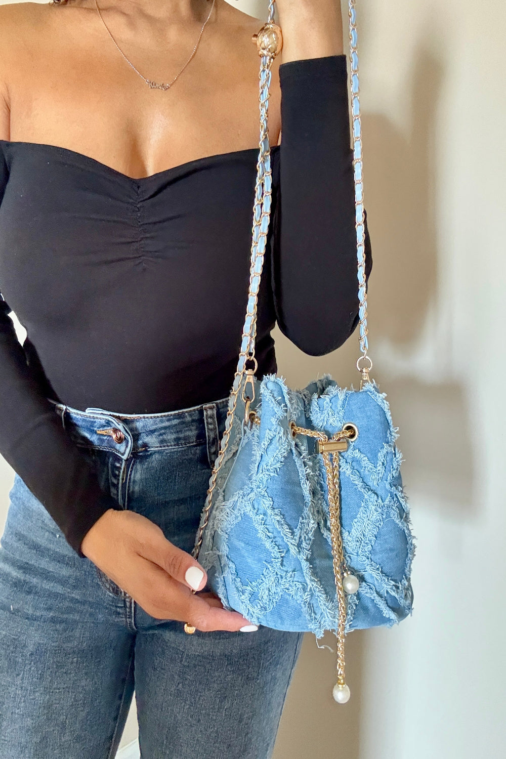 For the Love Chain Drawstring Raw Edge Denim Bucket Bag