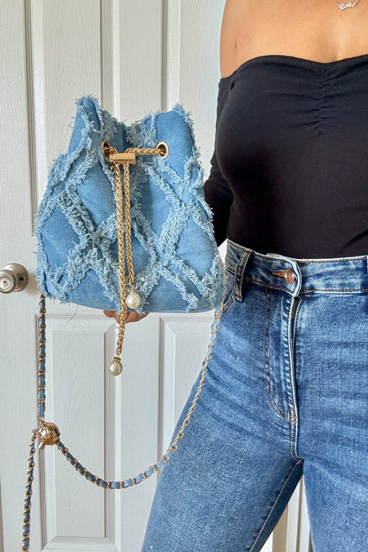 For the Love Chain Drawstring Raw Edge Denim Bucket Bag