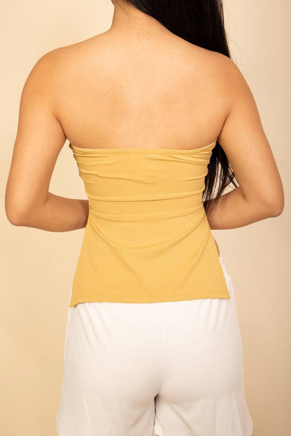 Strapless Ribbed Side-Slit Flare Top: White / L