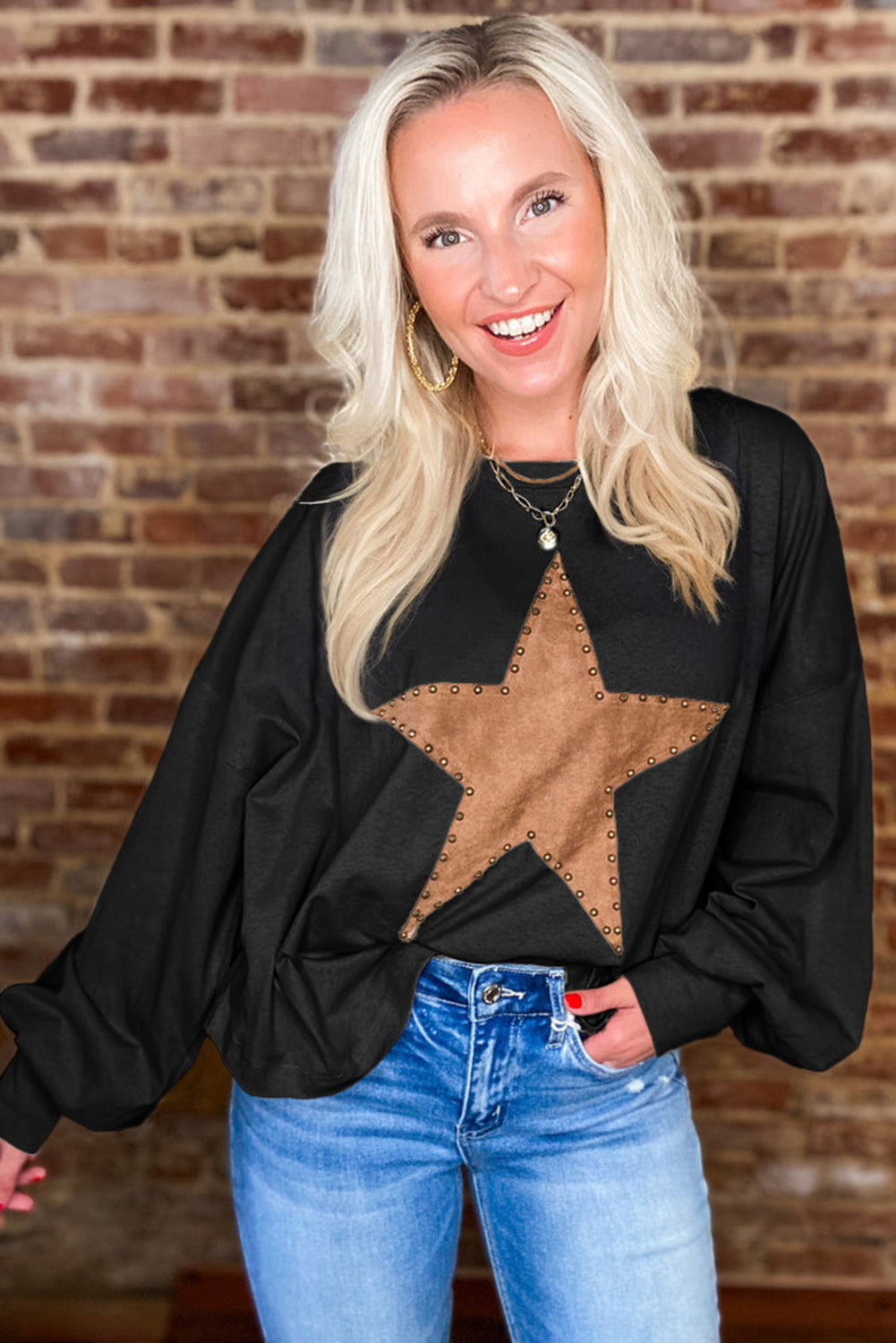 Apricot Studded Star Graphic Oversized Top