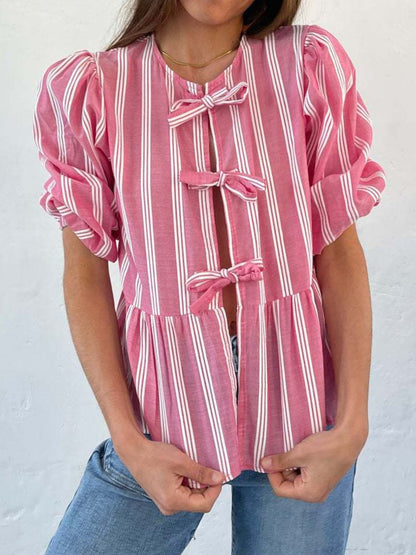 Tied Round Neck Balloon Sleeve Shirt