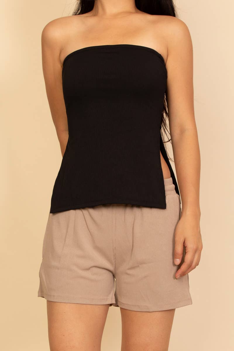 Strapless Ribbed Side-Slit Flare Top: White / L