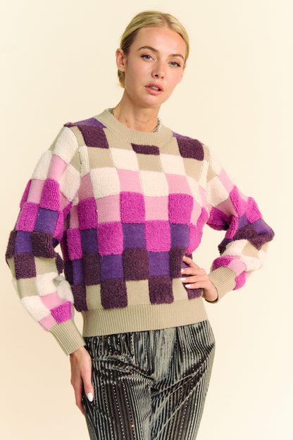 Davi & Dani Checkered Round Neck Long Sleeve Sweater