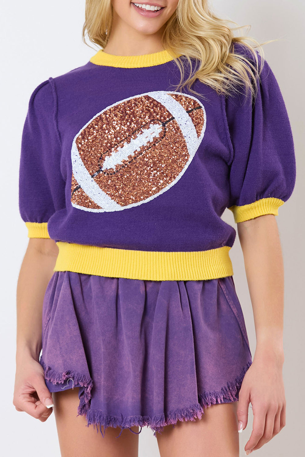 Game Day Sequin Rugby Color Block Puff Sleeve Knit Top