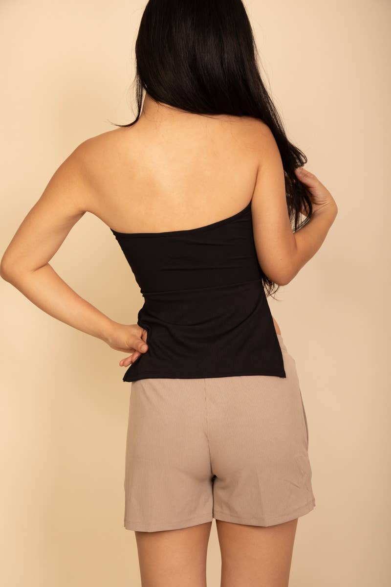 Strapless Ribbed Side-Slit Flare Top: White / L