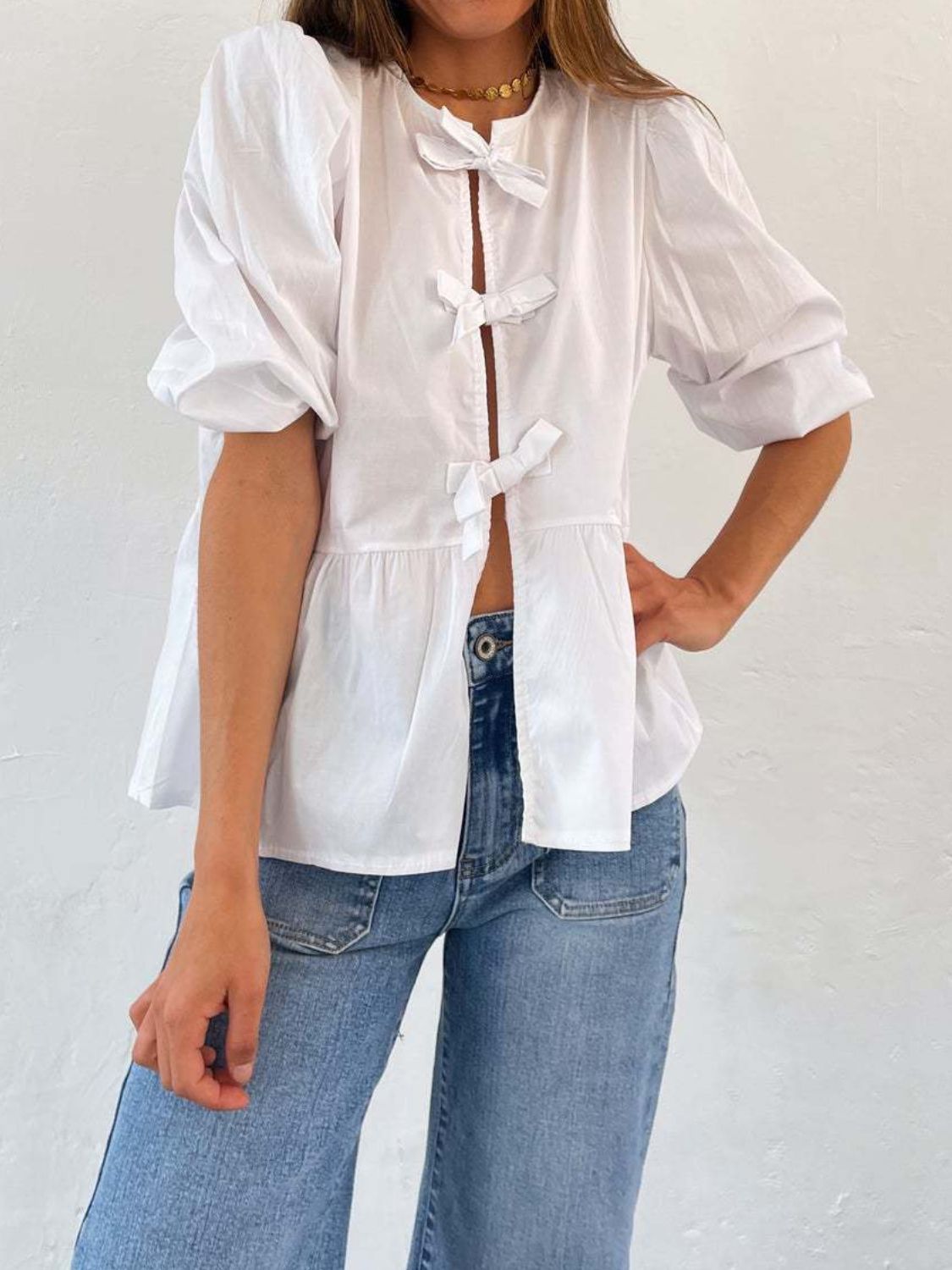 Tied Round Neck Balloon Sleeve Shirt