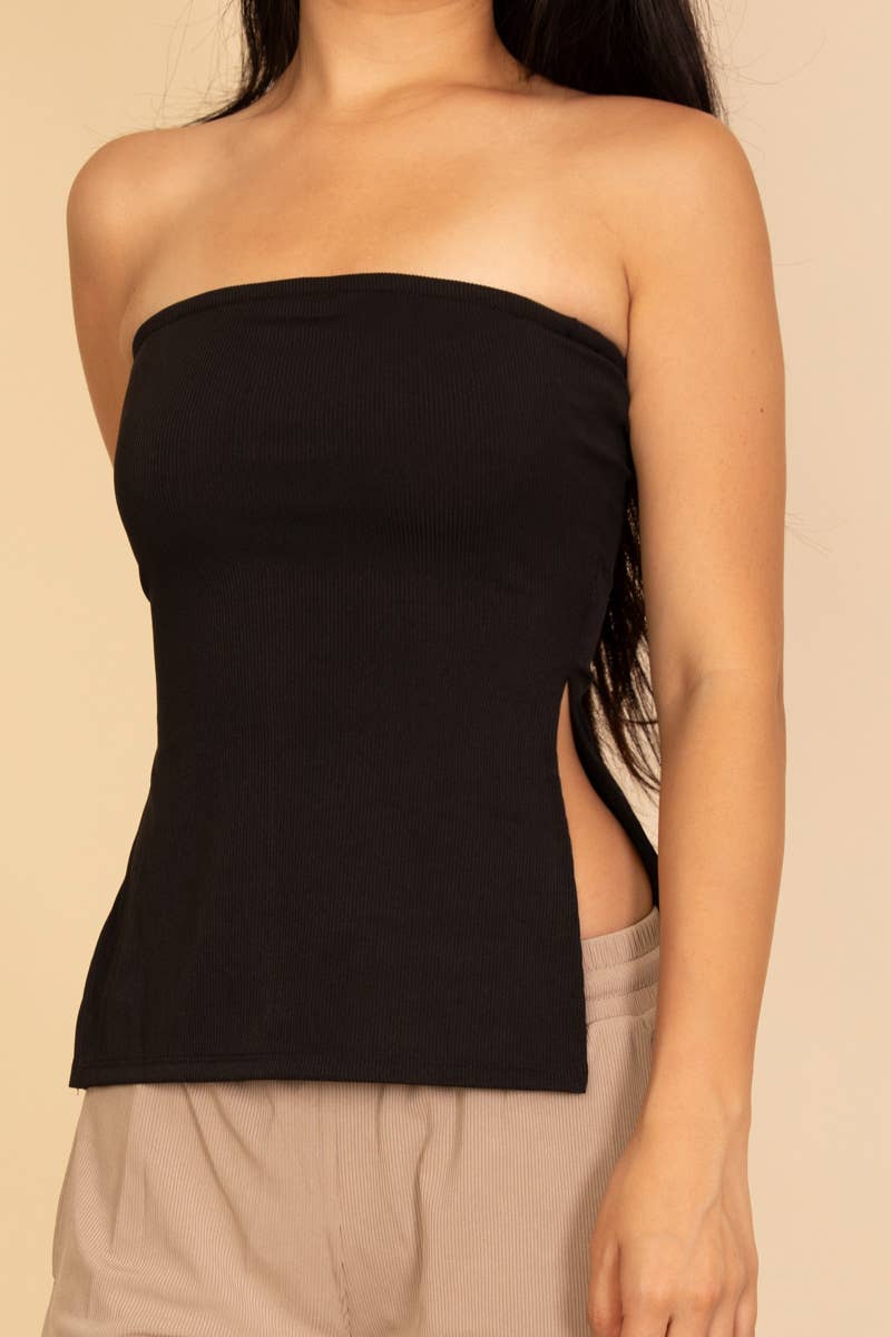Strapless Ribbed Side-Slit Flare Top: White / M